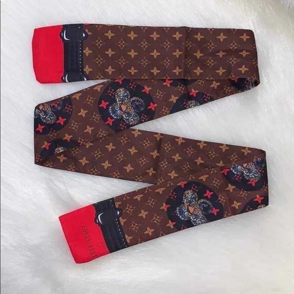 Brown & Red Flower Monogram Leopard Scarf Twilly - Picture 4 of 8